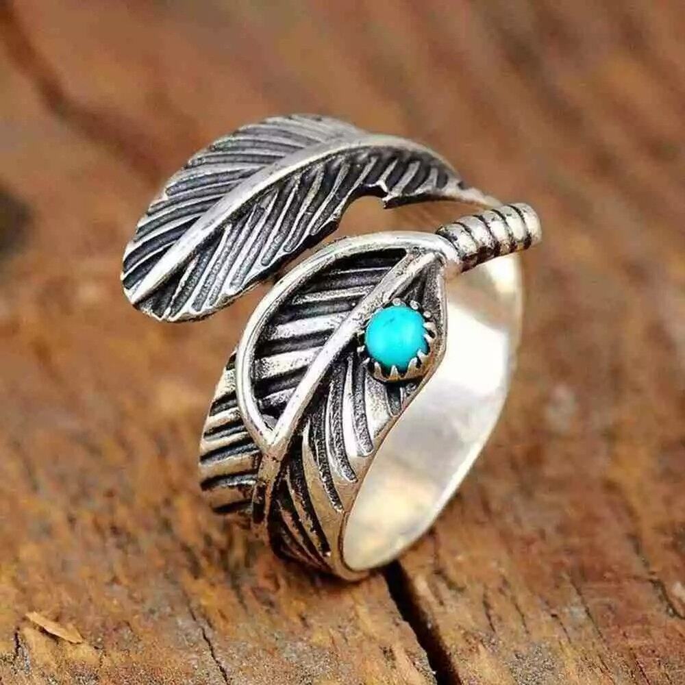 NEW Boho Turquoise Blue Silver Feather Southwestern Fashion Adjustable Ring Sz 7